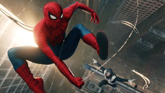 Spiderman swings on a web above a city, in the new release Spider-Man: Brand New Day